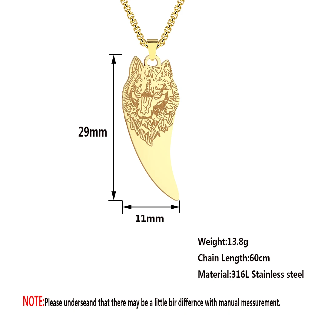 CHENGXUN Wolf Fang Pendant Necklace for Men Boys Stainless Steel Wild Animal Scandinavian Pagan Charm Chain Hip Hop Jewelry Gift