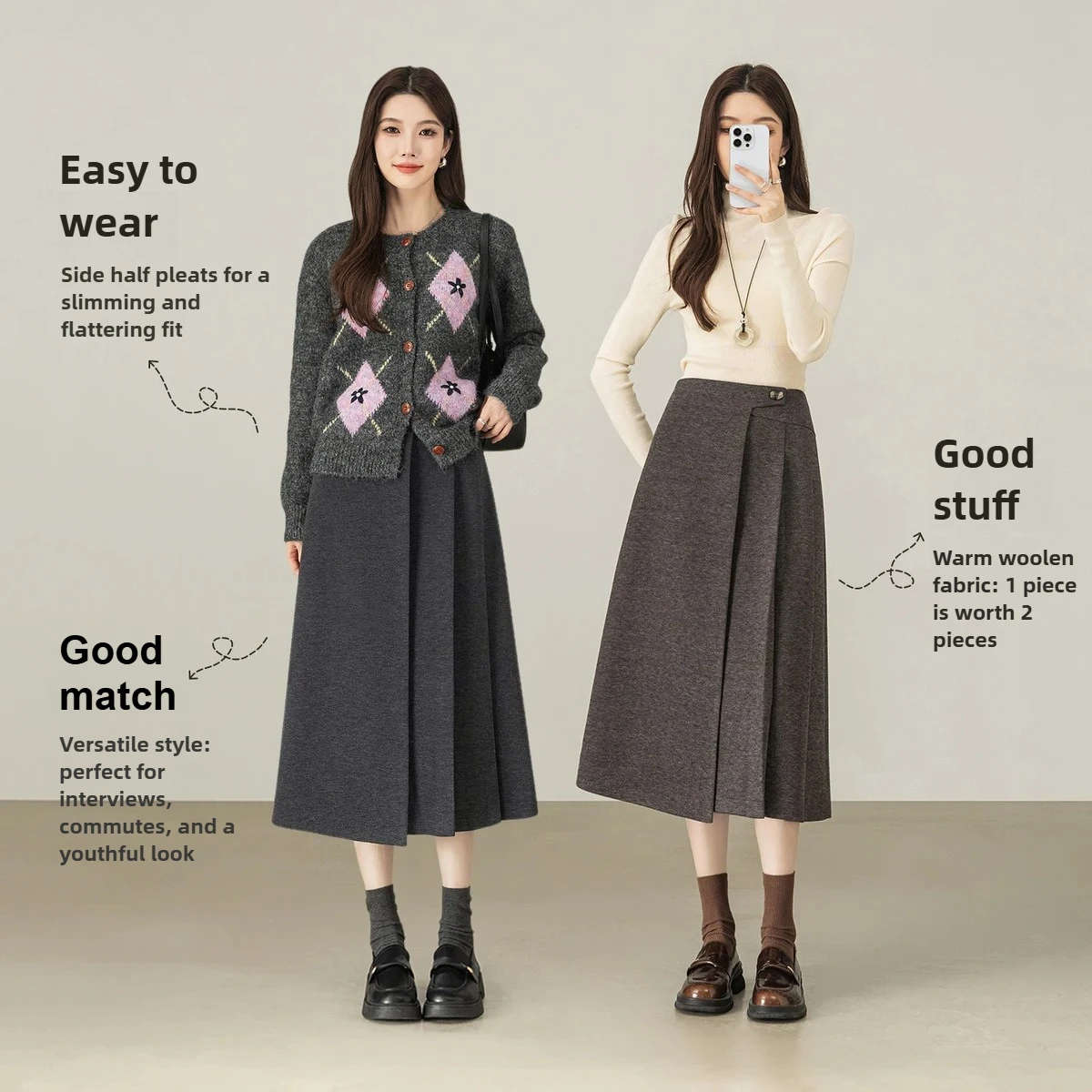 SENTUBILA Women Grey Skirt 2026 Winter Wool Blend Commuter Press Pleated Slim Fit Midi Skirt Warm Elegant Clothes 154QB4852