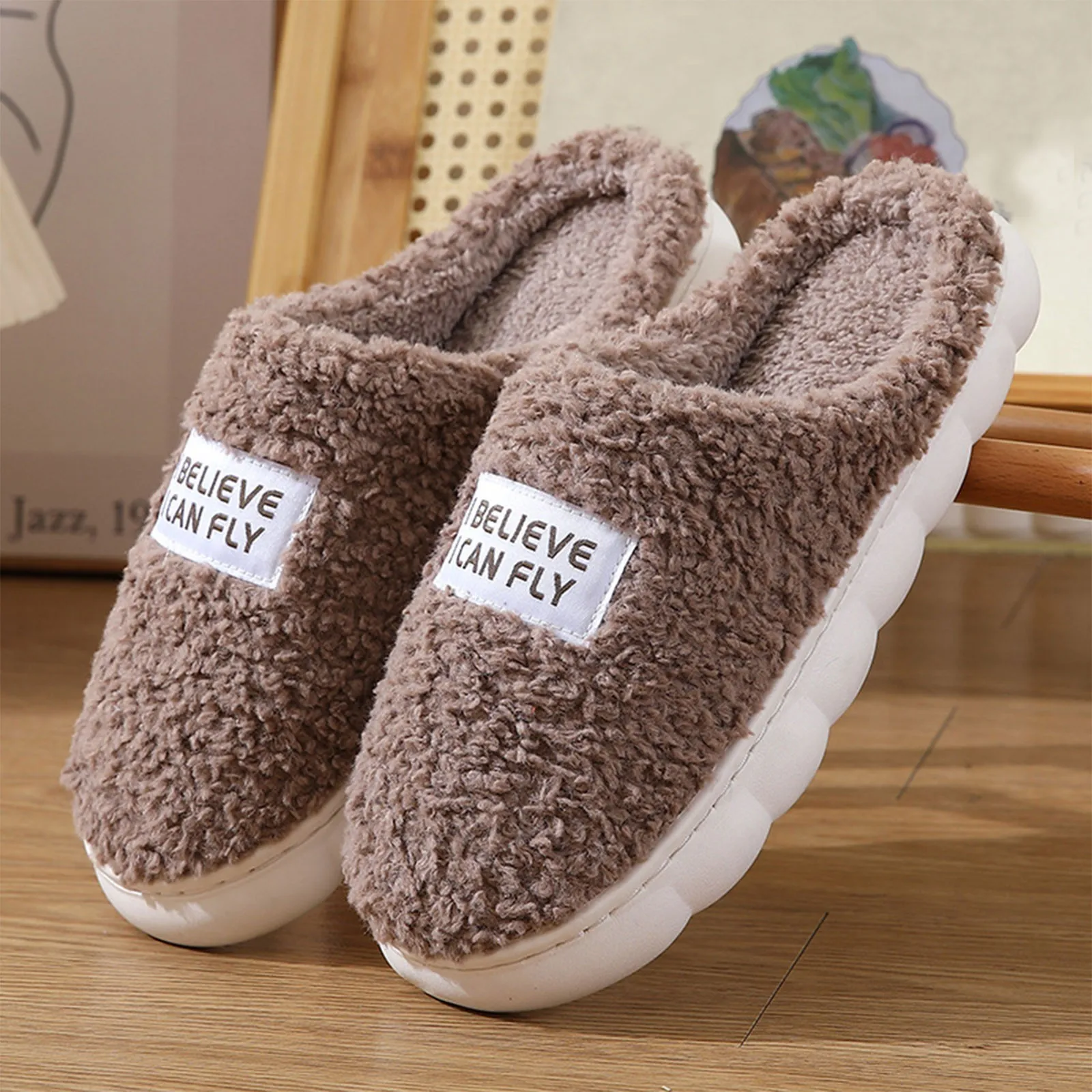 

Women Winter Warm Home Slippers Men Indoor Outside Thicken Slides Plush Slippers Fur Cotton Shoes Male Soft Couples Slipper