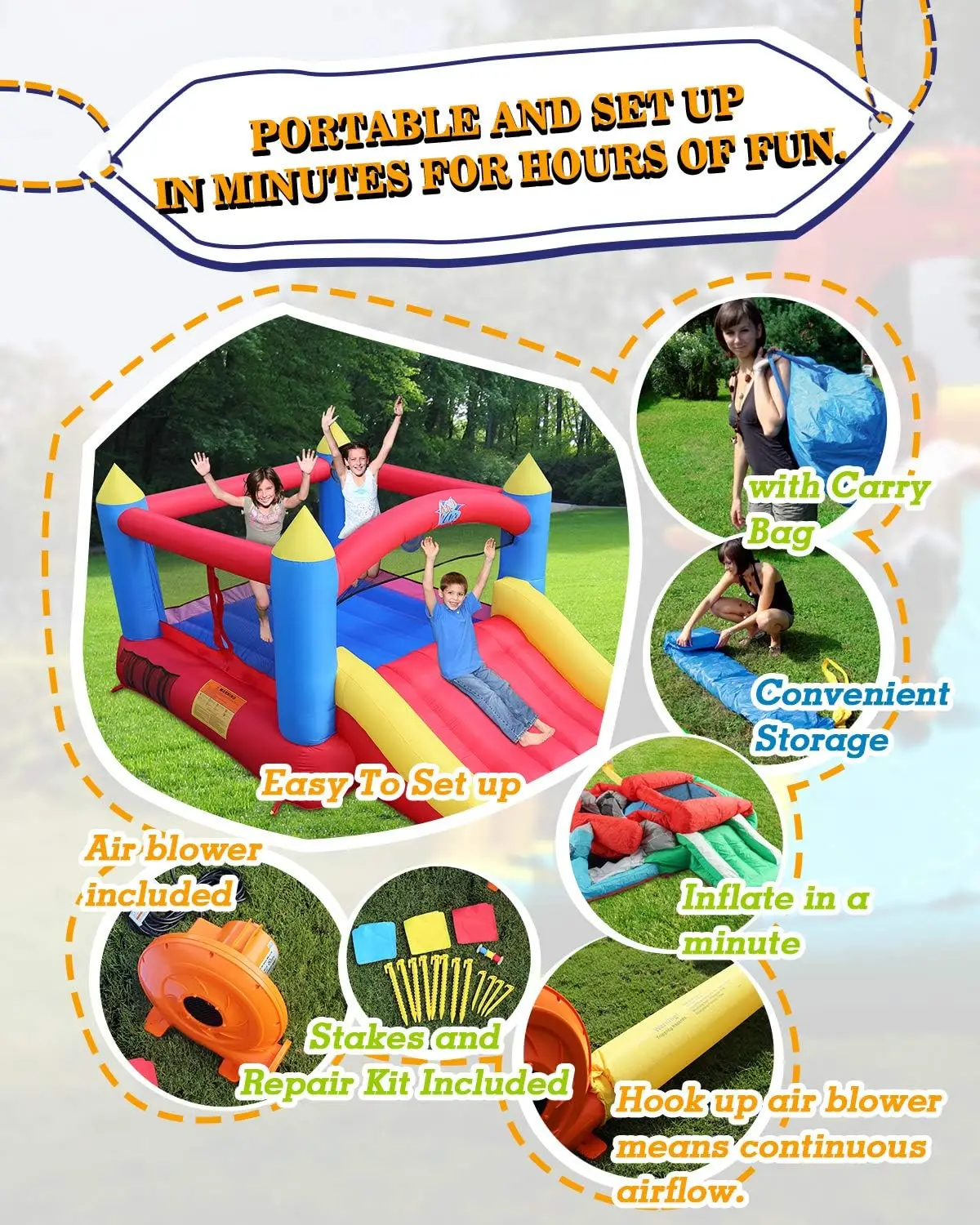 Inflatable Bouncer with Air Blower, Jumping Castle with Slide, Family Backyard Bouncy Castle, Durable Sewn