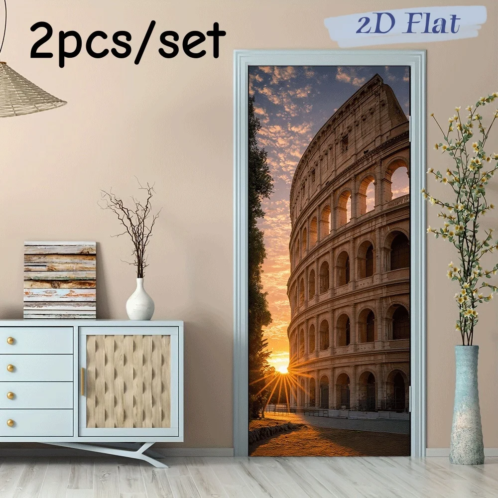 2pcs Ancient Roman Colosseum Architecture Wall Stickers Retro Style Home Decoration Stickers Living Room Bedroom Entrance Backgr