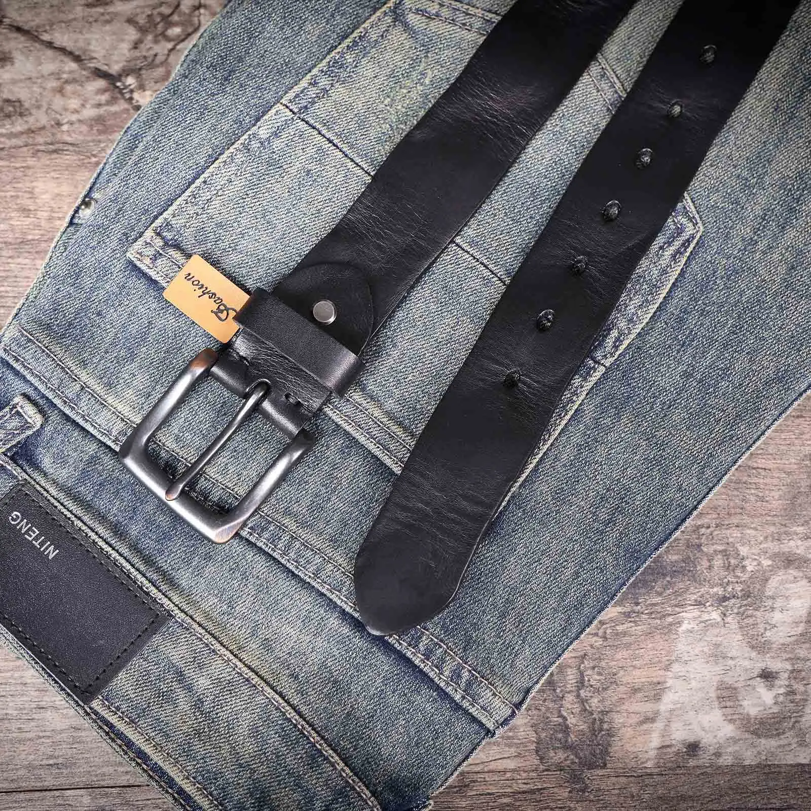 Vintage Echtleder Herren-Gürtel aus Rindsleder mit Dornschließe, Italienisches Verdicktes Leder mit Geschenkbox, Ideale Geschenkwahl – Detail 29