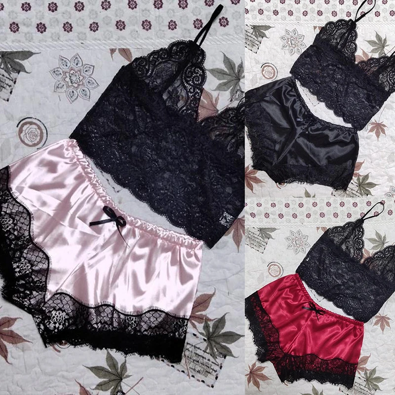 Pakaian tidur Lingerie wanita, 2 potong pakaian tidur renda atasan celana pendek Set Babydoll piyama pakaian tidur