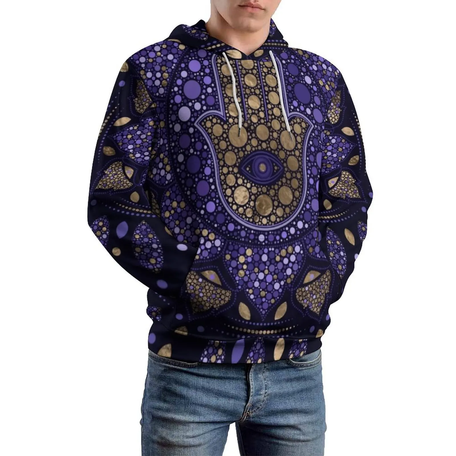 Hamsa Hand Print Casual Hoodies Lotus Mandala Loose Hoodie Man Long Sleeve Cool Graphic Tops Birthday Present