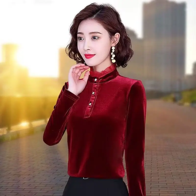Women Velvet Long Sleeve Top Ruffle Stand Collar Slim Fleece Lined Basic Shirt Autumn Winter Inner Wear S-4XL