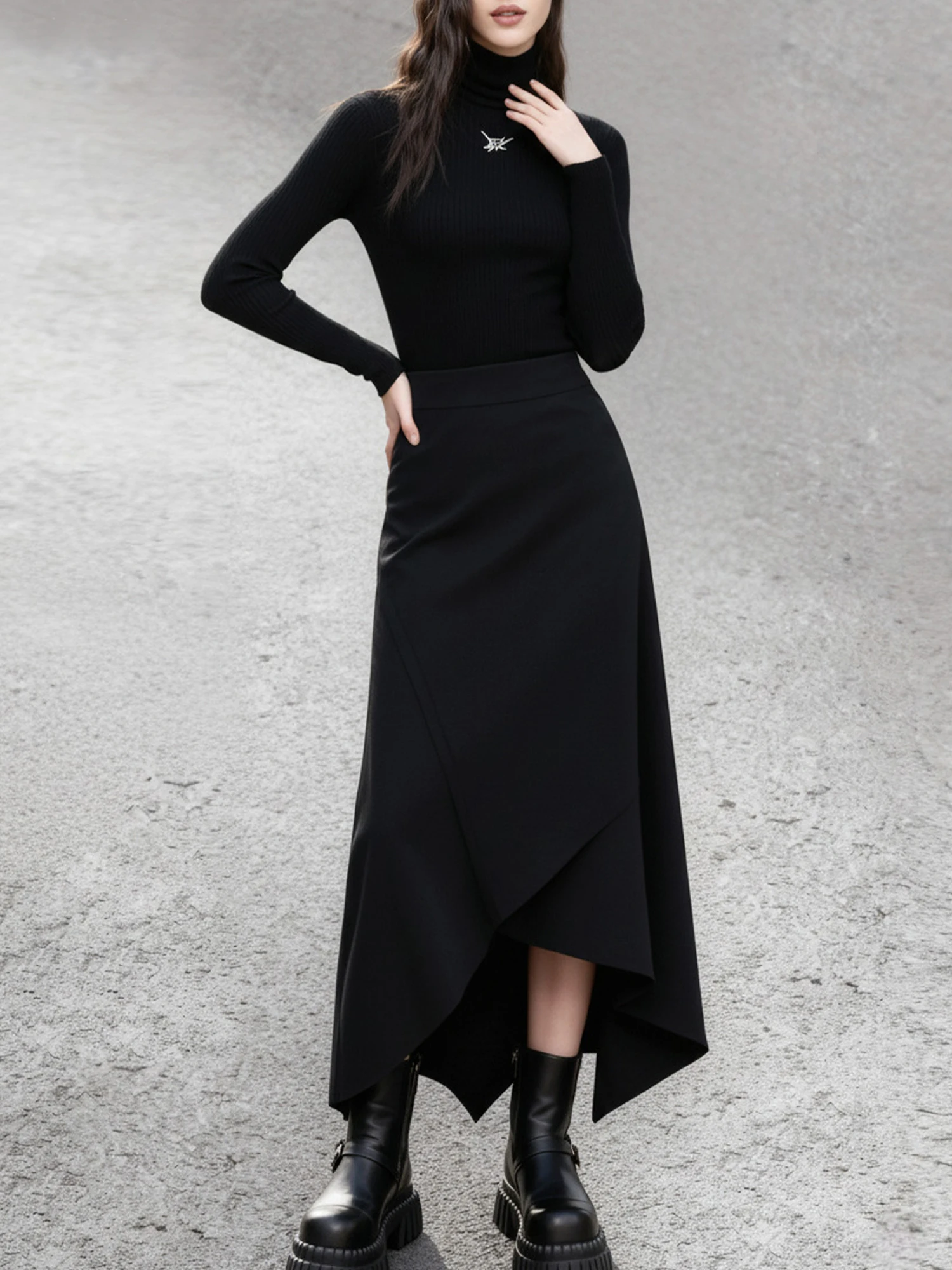 하이웨이스트 언밸런스 밑단 미디 스커트 슬리밍 블랙 하프 스커트 클라우드 브레이드 사이드 지퍼 데일리 여행용 폴리에스터 섬유