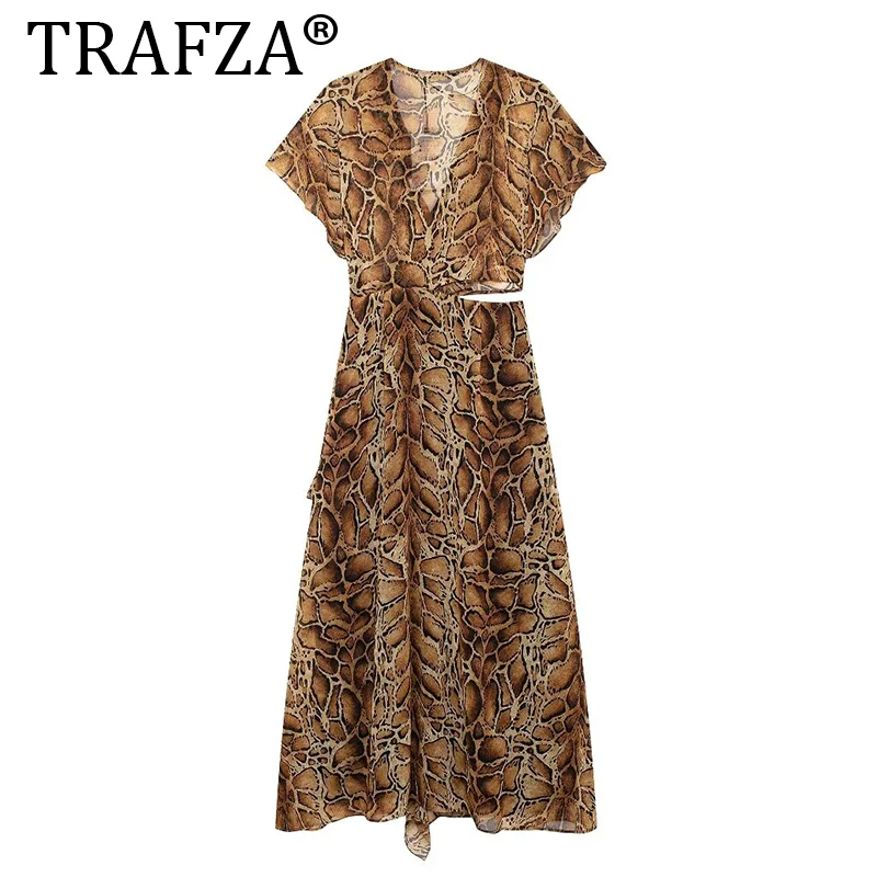 TRAFZA Female Summer Slim Long Dress Leopard V-Neck Short Sleeves Waist Hollow Out Tierred Decorate Zipper Women Fashion Dress