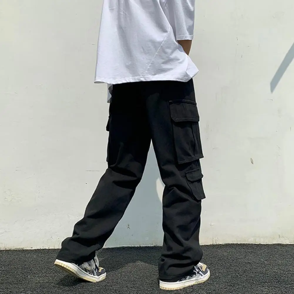 Men Cargo Pants Solid Color Men Trousers Streetwear Men's Cargo Pants Hip Hop Style Multi Pockets Wide Leg Solid Color for A