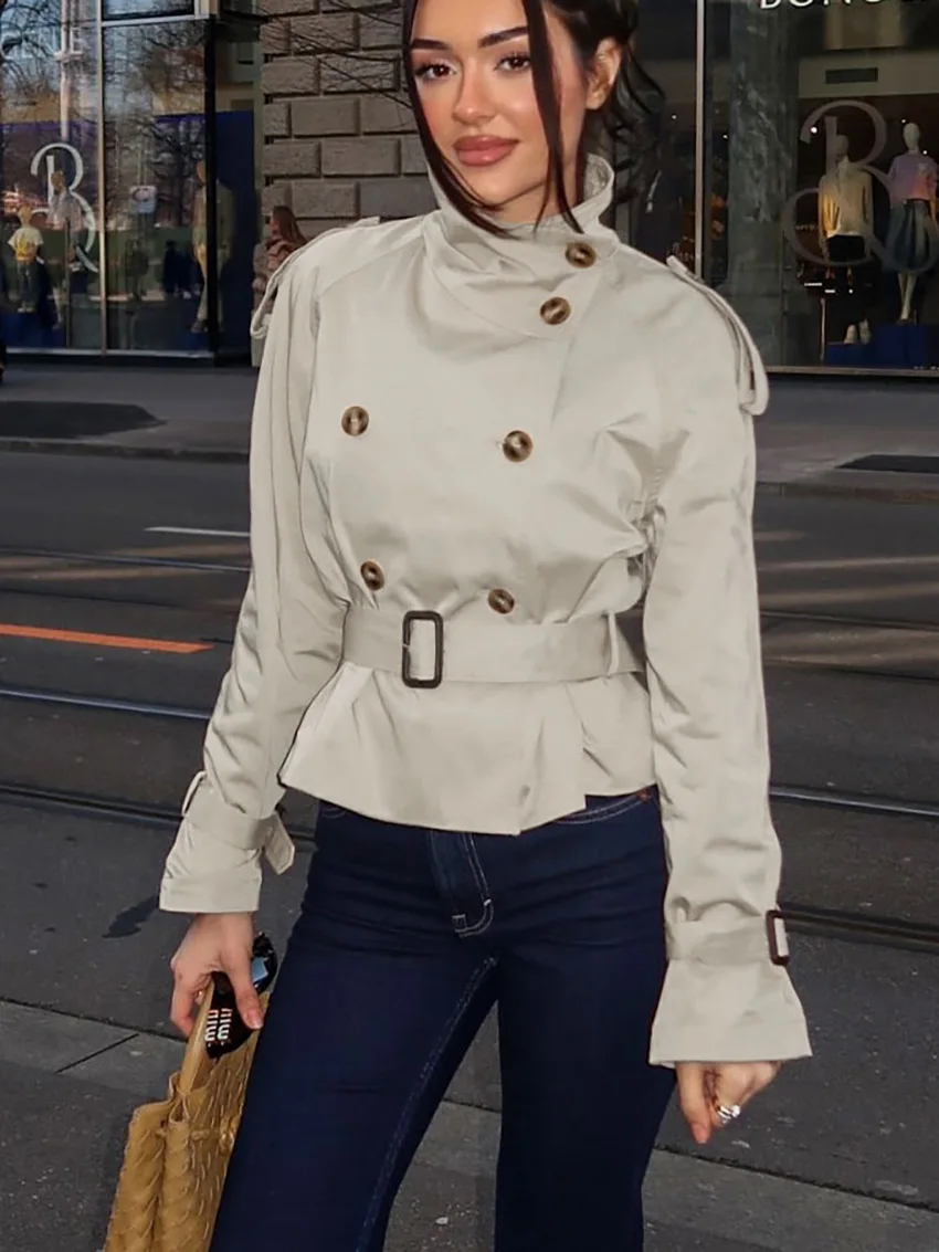 

Весенний двубортный тренчкот с поясом для женщин: элегантная куртка с воротником-стойкой и длинными рукавами, офисный стиль, ветровка, уличная мода