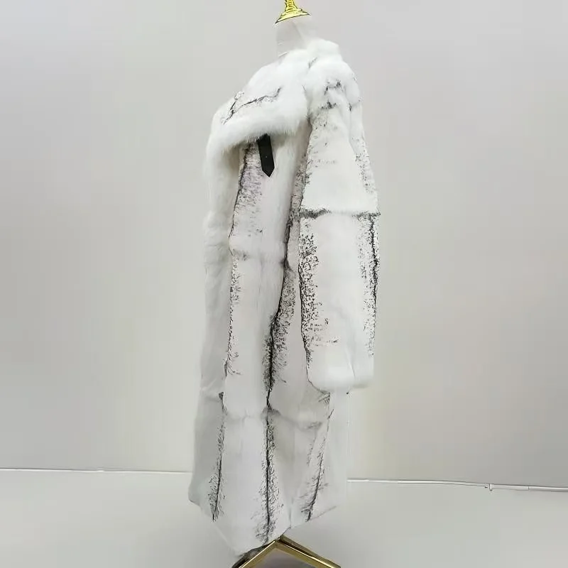 FURTJY Imported Natural Rabbit Fur Coat Women's High-quality Pure Black Line Long Slim Warm Coat Luxury Fur Belt Fashion