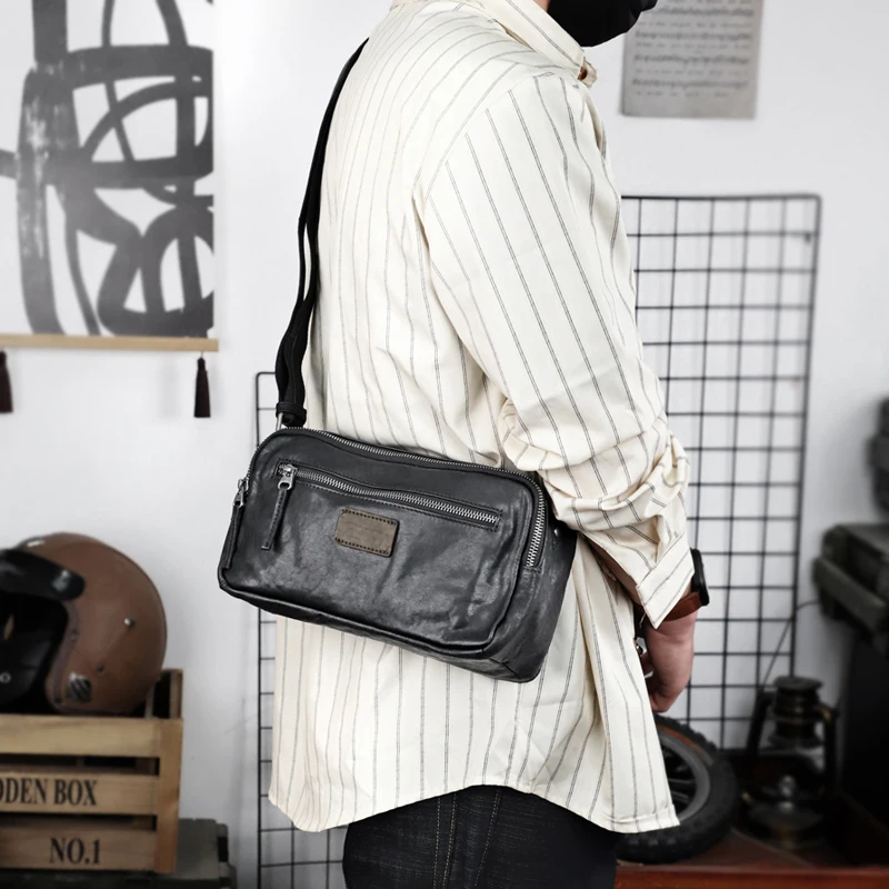 

Chest Shoulder Bag Men Double Zipper Genuine Leather Shoulder Bags Cow Leather Crossbody Messenger Bag Male Chest Pack
