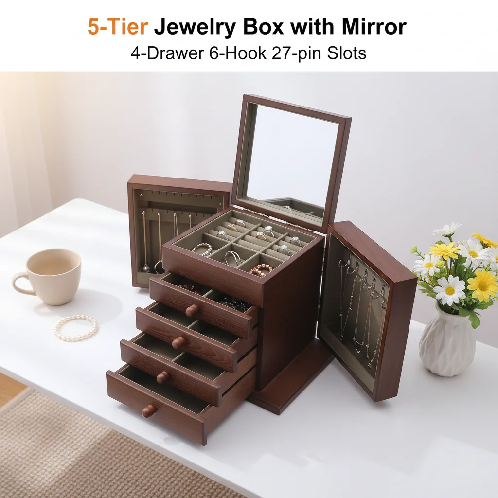 

5-Tier Jewelry Box Jewelry Storage Case with Mirror 4-Drawer 6-Hook 27 Pin Slots Mdf Organizer for Ring Earring Bracelet Watch