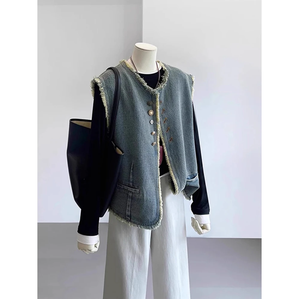 

Джинсовый жилет с потертостями в стиле ретро, женский свободный тюре с капюшоном, модный, осень 2023, новый повседневный, круглый, с застежкой на пуговицы