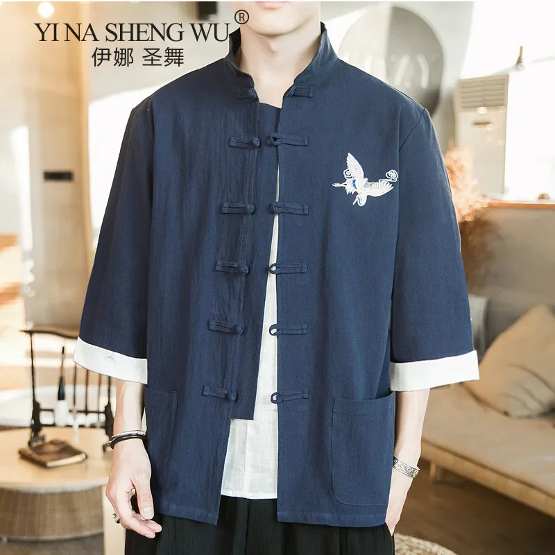 Yukata Kimono Japanese Style Summer Leisure Chinese Stand-up Collar T-Shirt Kimono Samurai Costume Haori Japanese Kimono Top