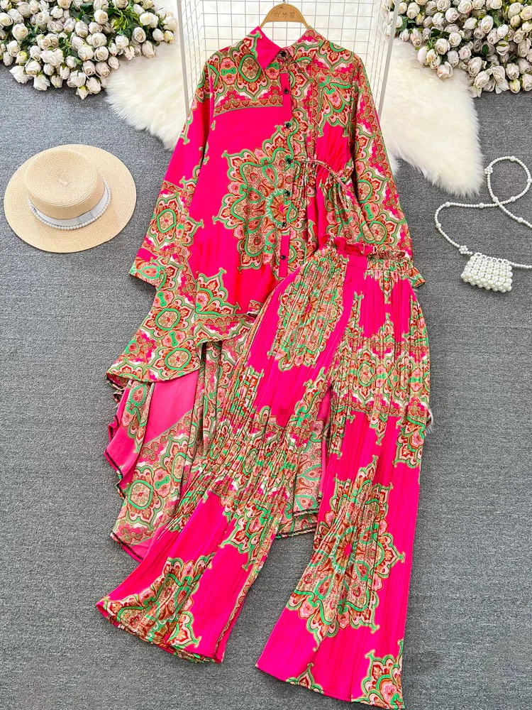 Faionable Long Sve ample Midi irt et pantalon ensemble simple bouton imprimé haut taille haute évasé gored jupe deux pièces costume