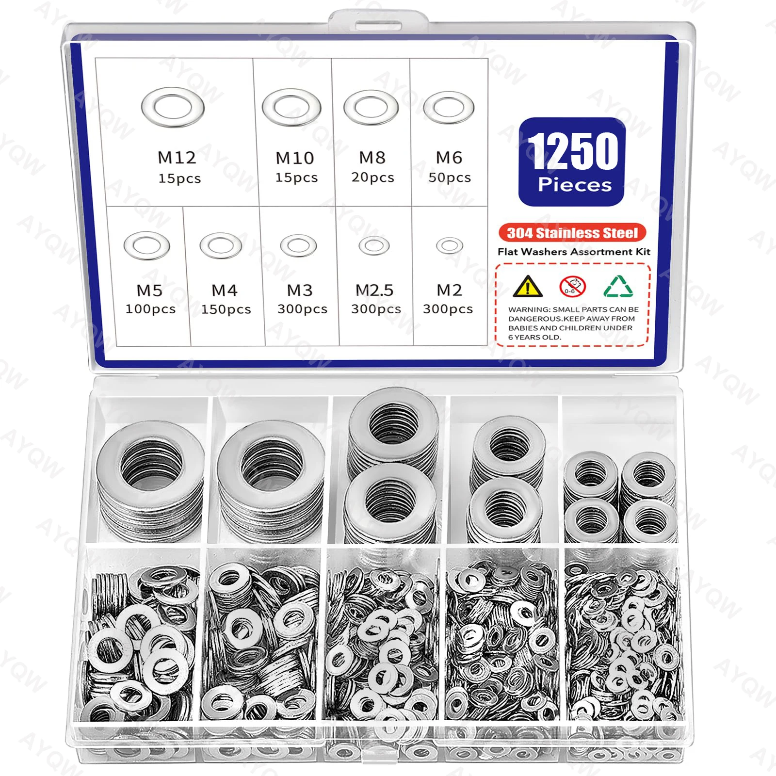 1250pcs 304 Stainless Steel Flat Washers Assortment Kit (M2-M2.5-M3-M4-M5-M6-M8-M10-M12) - For Home/Factory Repair/outdoor