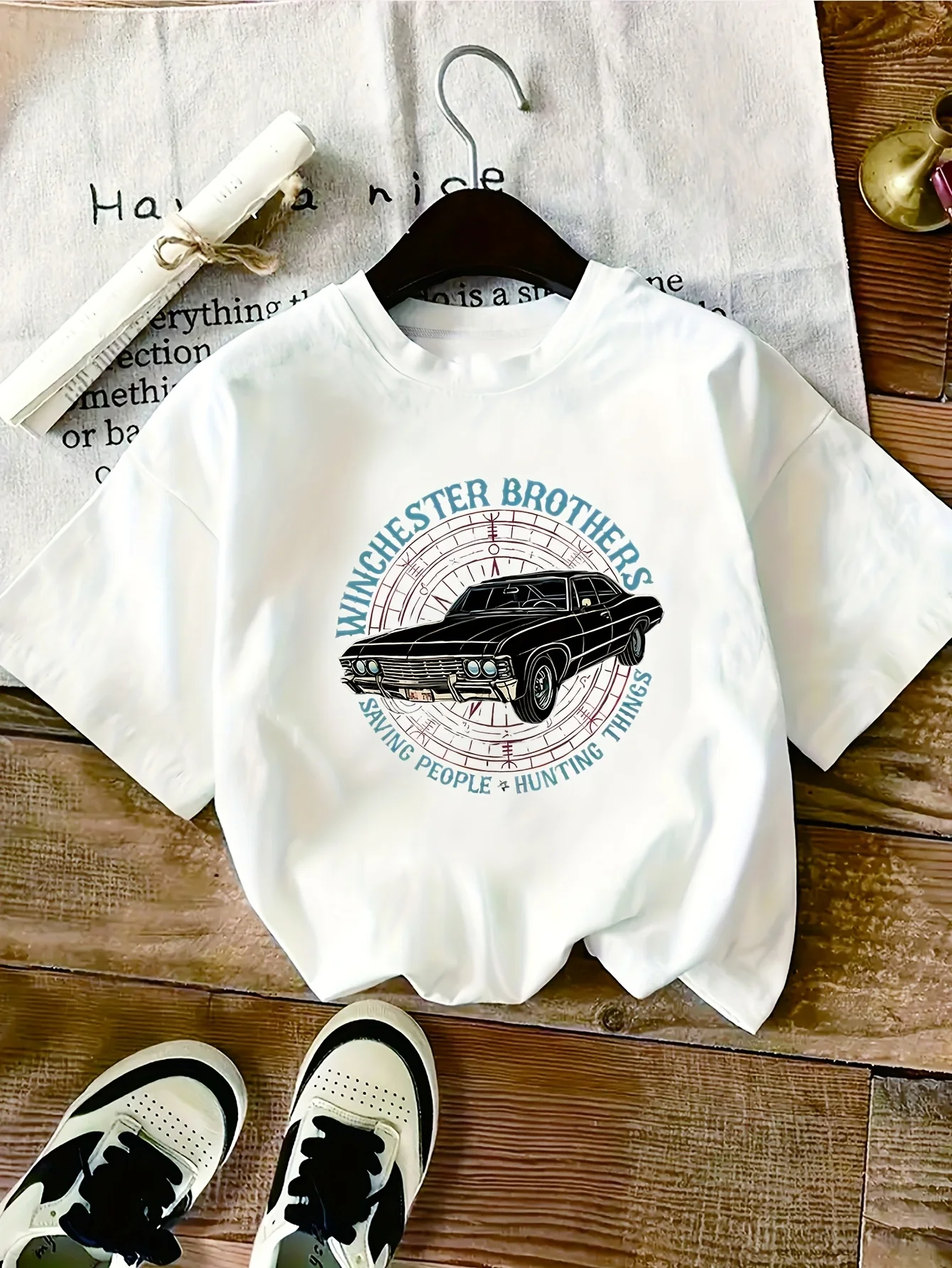 

1pc Supernatural Winchester Brothers Graphic T-Shirt for Women Vintage Car Occult Symbols Print Black with Blue Red Lettering