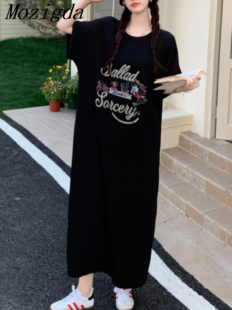 فستان صيفي كبير الحجم مطبوع عليه تي شيرت نسائي فضفاض برقبة دائرية وتنورة طويلة فستان نسائي عصري فساتين سوداء للسيدات فيستدوس