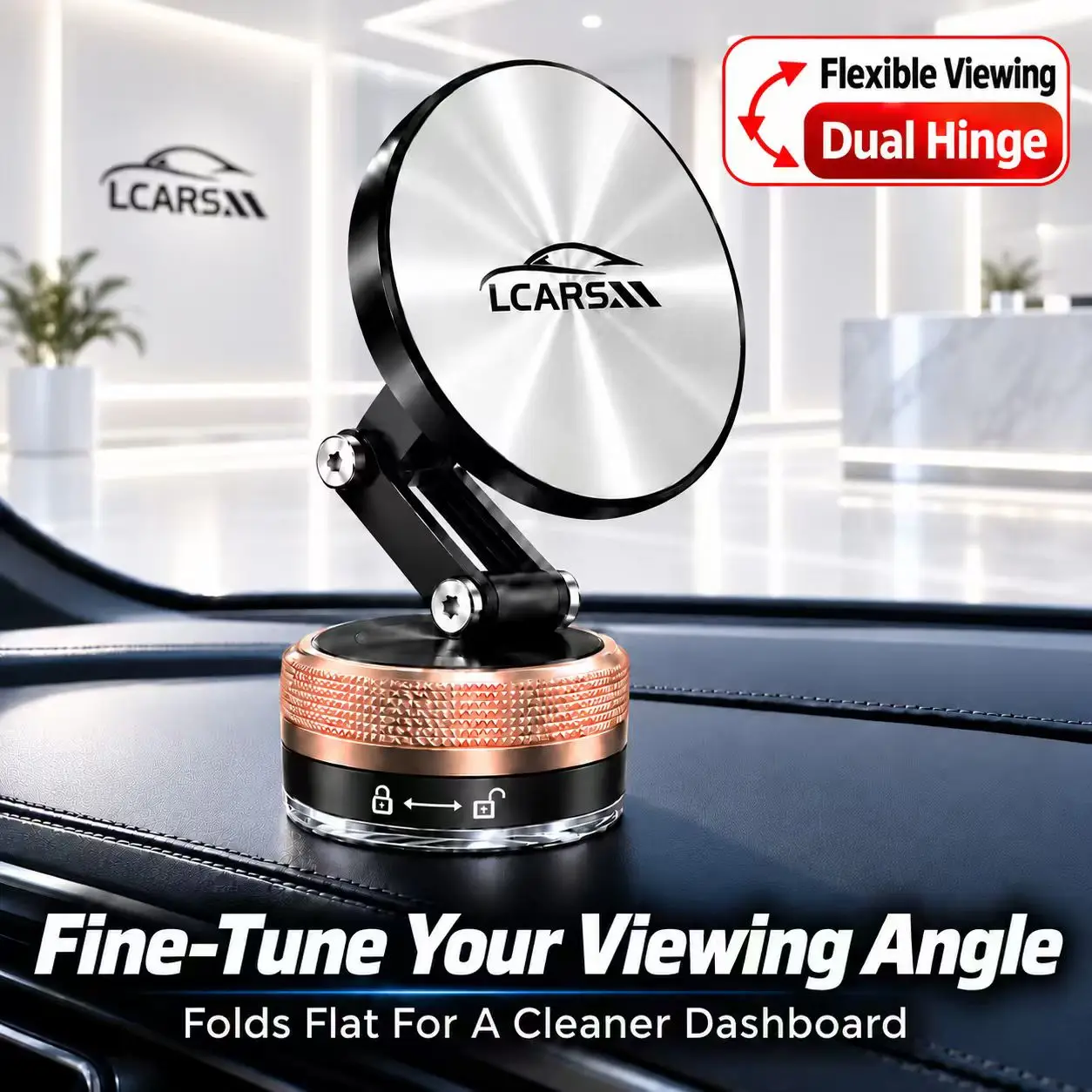 Lcars Luxury Rose Gold Car Magnetic Phone Holder Dual Hinge Precision Positioning Multi-Angle Adjustment Vacuum Suction Folding Navigation Stand Car Phone Mount
