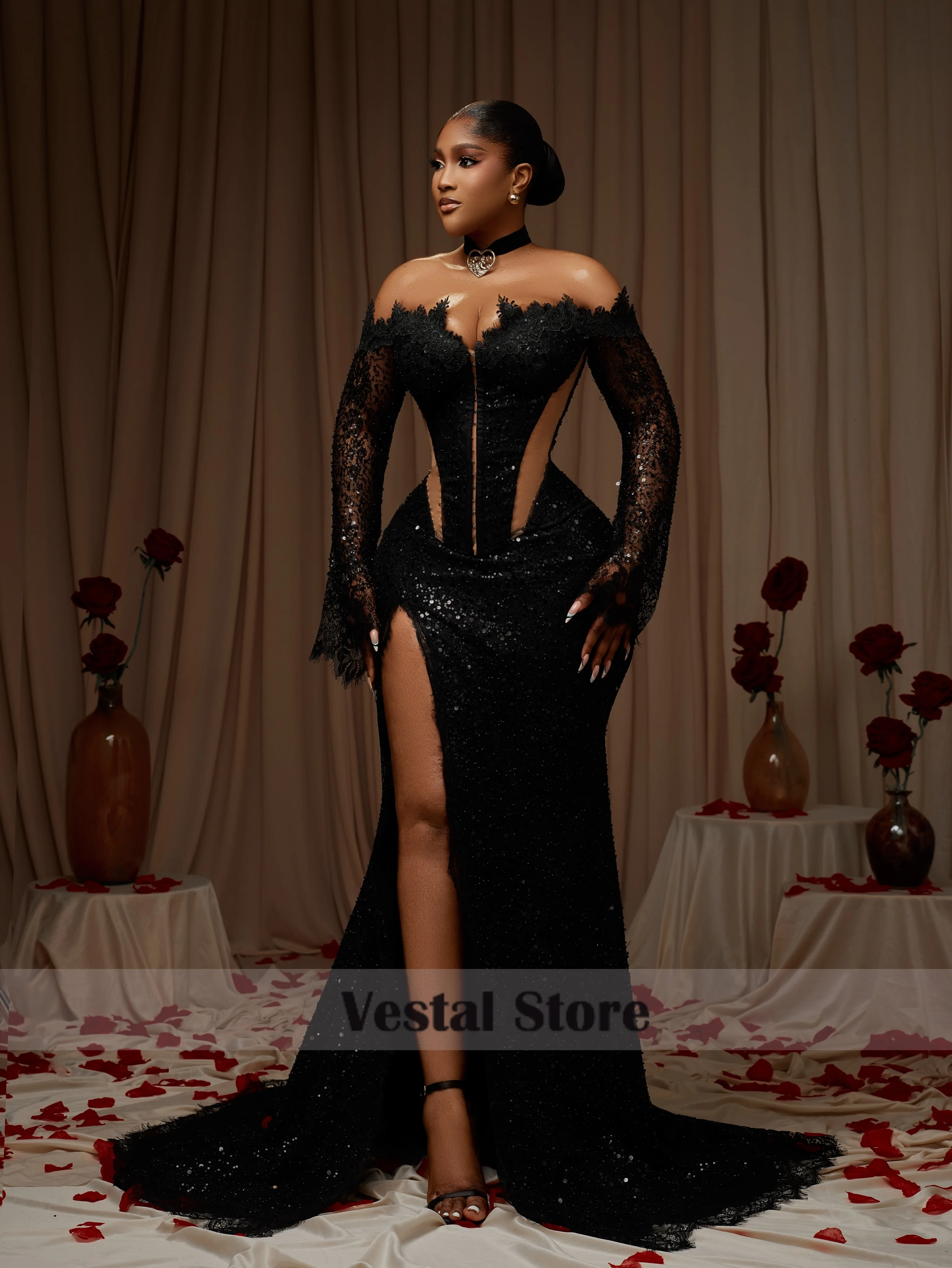 Vestal Black Lace Evening Dress Mermaid Long Flare Sleeve High Slit Corset Prom Dress for African Women Vestidos Customized
