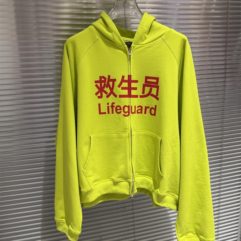 

Флуоресцентная желтая толстовка на молнии с заниженными плечами и буквенным принтом для мужчин и женщин, тяжелая хлопковая качественная толстовка для молитвы