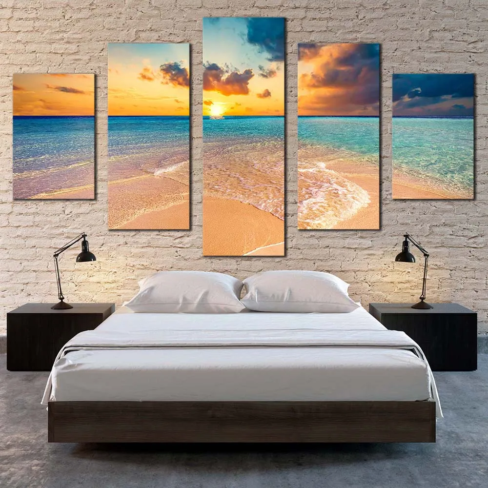 5pcs Cloudy Ocean Canvas Wall Art Yellow Sky Maldives Island Posters Print Blue Sea Ocean Beach for Living Room Decor Unframed