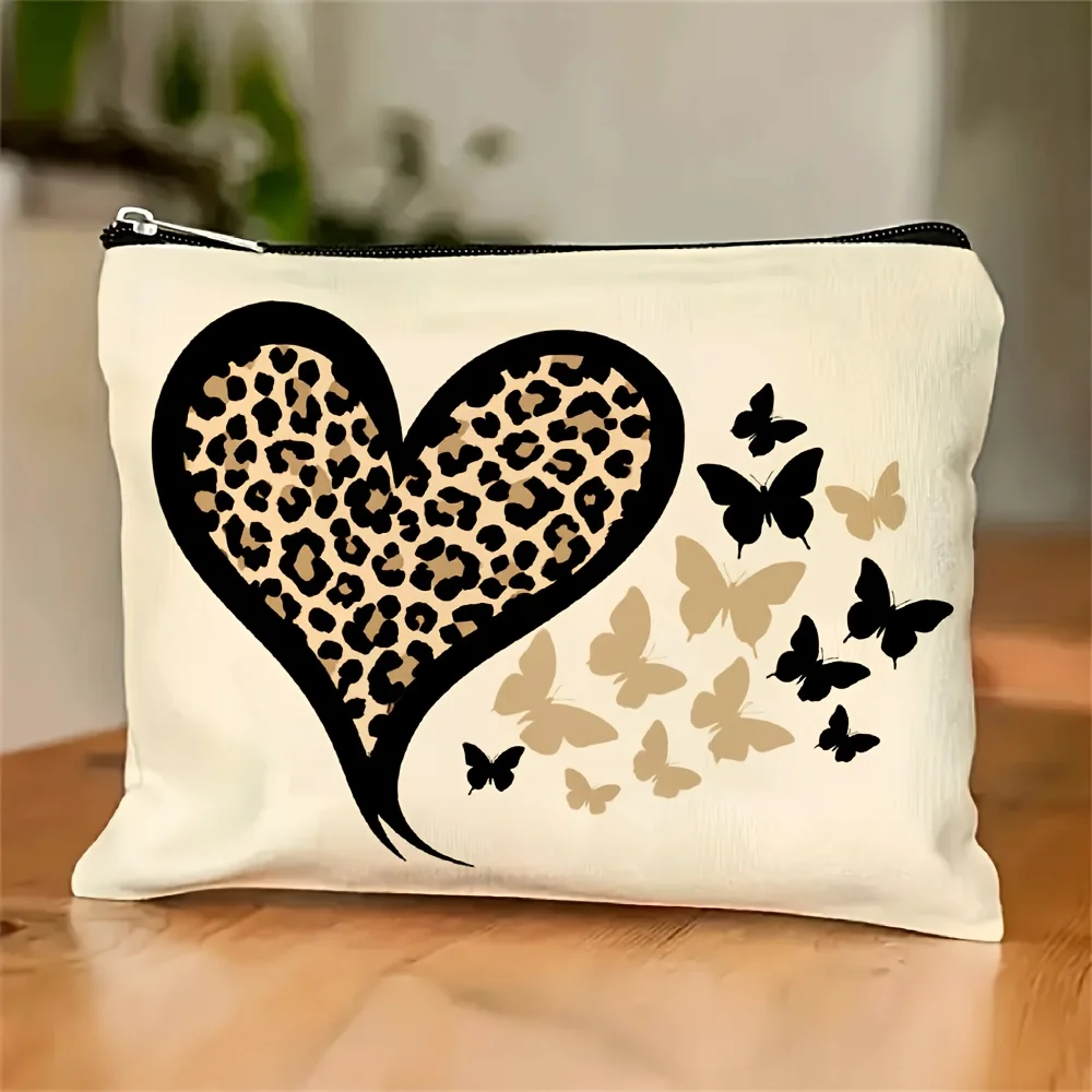A Fashion leopard print heart-shaped printed makeup bag - multifunctional zipper pouch, jewelry storage bag