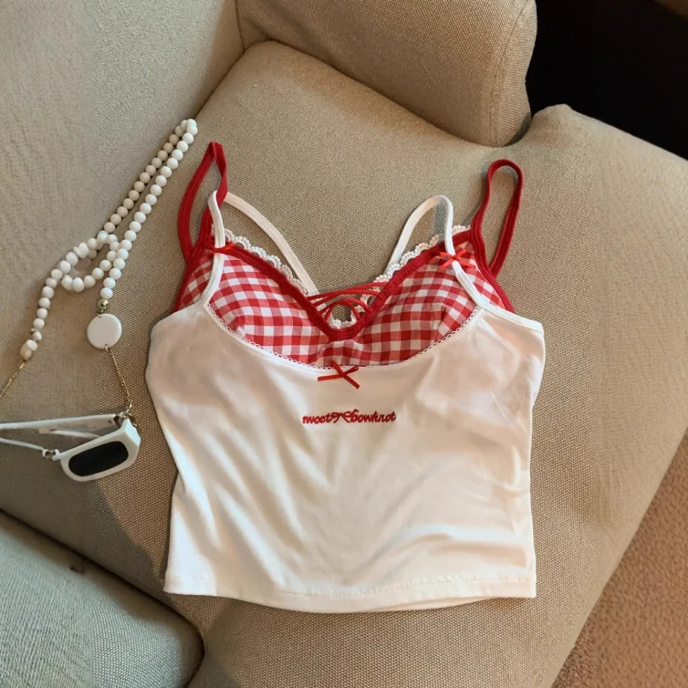 Spitzen-Karo-Camisole für Damen, Sommerkleidung, kurzes Top mit Brustpolstern, sexy rückenfreies Tanktop