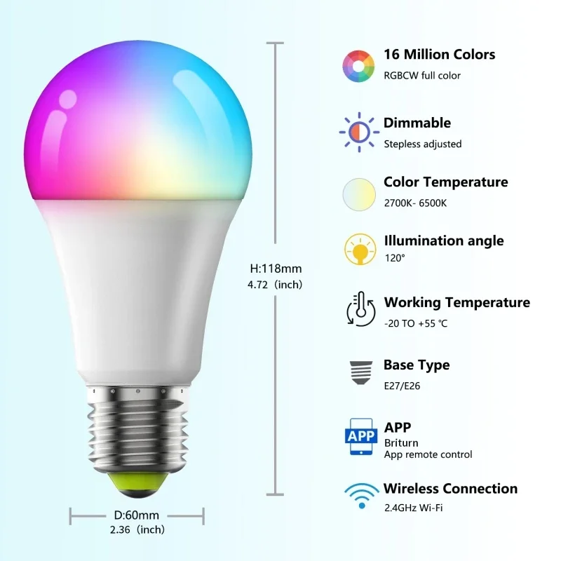 Ampoule LED Wifi Bluetooth, variable 9W 10W E27 110V 220V RGBCW, lampes à changement de couleur, app