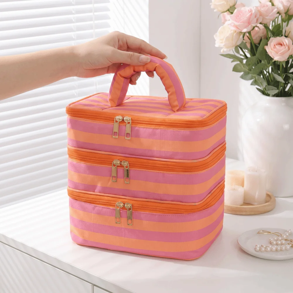 Polyester Multi-Layer Cosmetic Bag Large Capacity Macaron Color Travel Storage Bag Handheld Waterproof Zipper