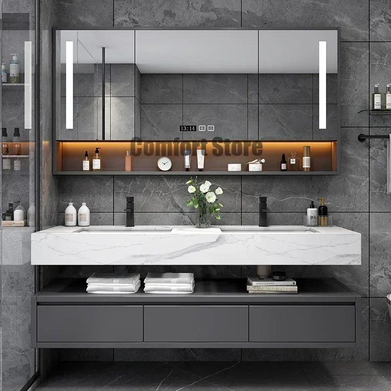 Light Luxury Panel Intelligent Bathroom Cabinet Meuble Rock Salle De Bain Wood Washbasin Double Basin Bathroom Cabinet Home