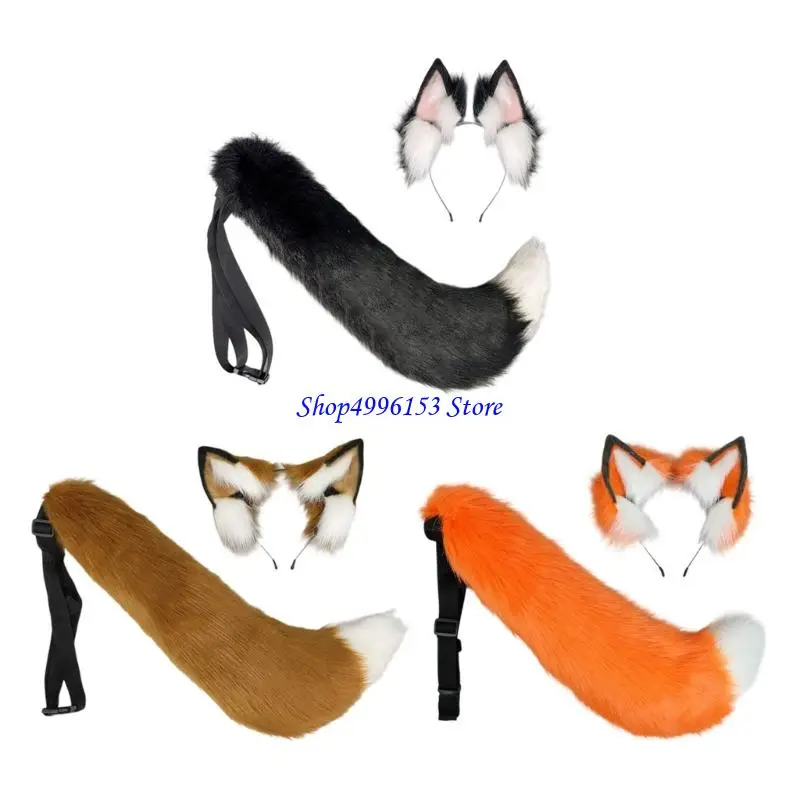

Q0KE Furry Plush Foxes ушей повязки и соответствующий хэллоуинский наряд для вечеринки легкая практическая прическа для женщин