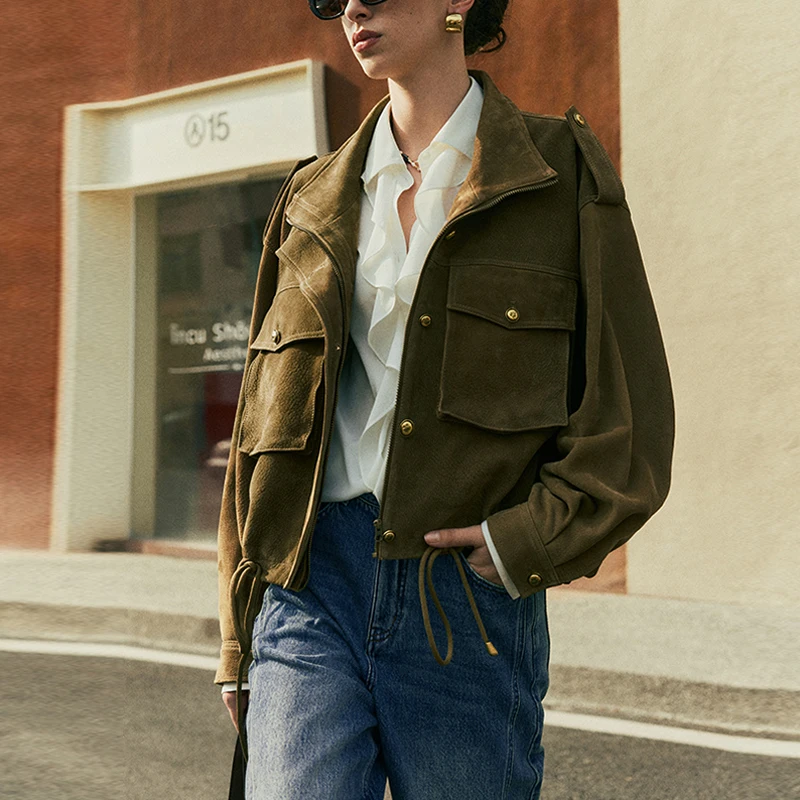 100% vera pelle da donna colletto alla coreana pelle di pecora smerigliata giacche corte tasche stile safari manica lunga con coulisse giacche Femme