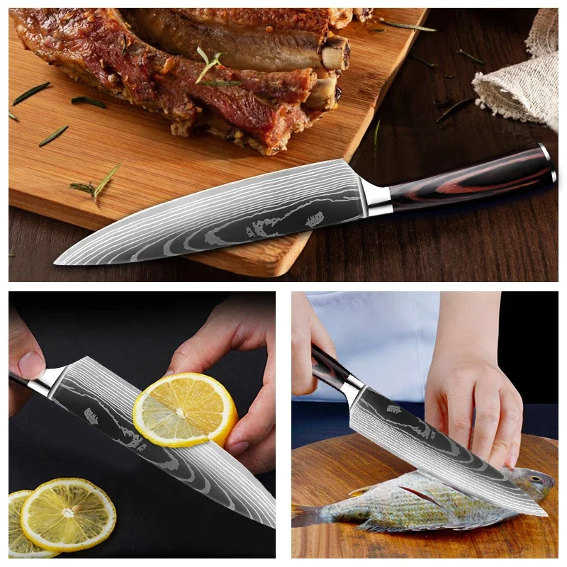 Kitchen Knife Set Damascus Pattern Stanless Steel  Japanese Santoku Knife Cleaver Slicing Utility Knife