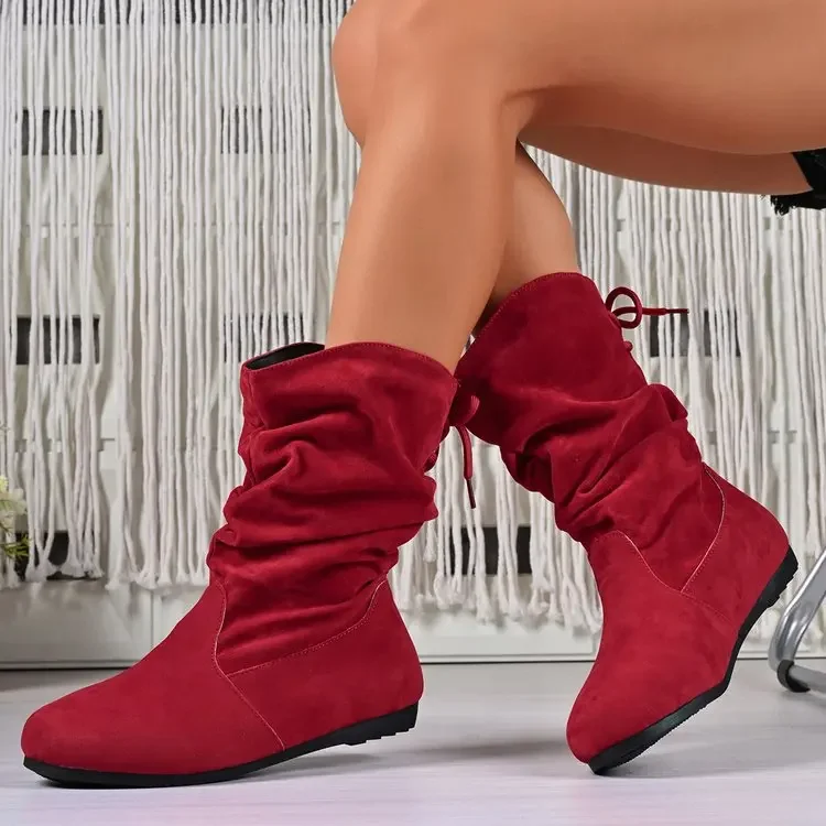 Einteilige Damen-Stiefeletten in Nude – Modische und lässige, elastische, flache Stiefel mit niedrigem Schaft, plissiert, einfarbig, runde Spitze – Detail 12