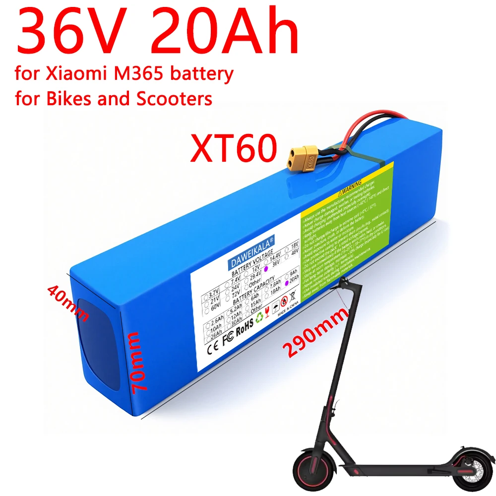 36V 20Ah 10S3P 18650 Lithium Battery Pack 42V 350W~750W Built in BMS Circuit Protection for Bikes and Scooters XT60 plug
