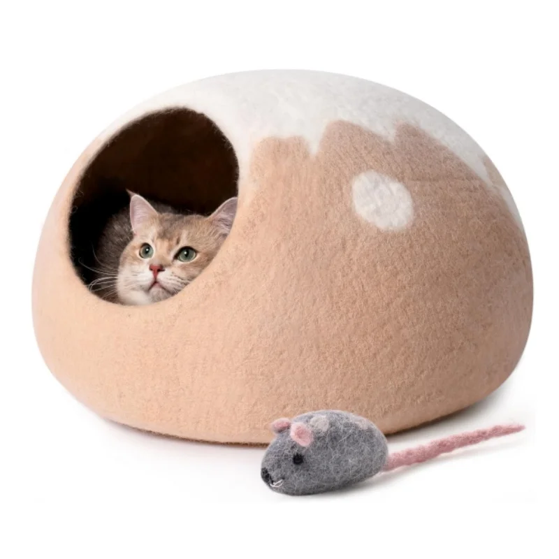 Mewoofun Cat Cave Bed Handmade Wool Cat Bed Cat House Felt Cat Caves for Indoor Cats and Kittens Light Grey Orange White