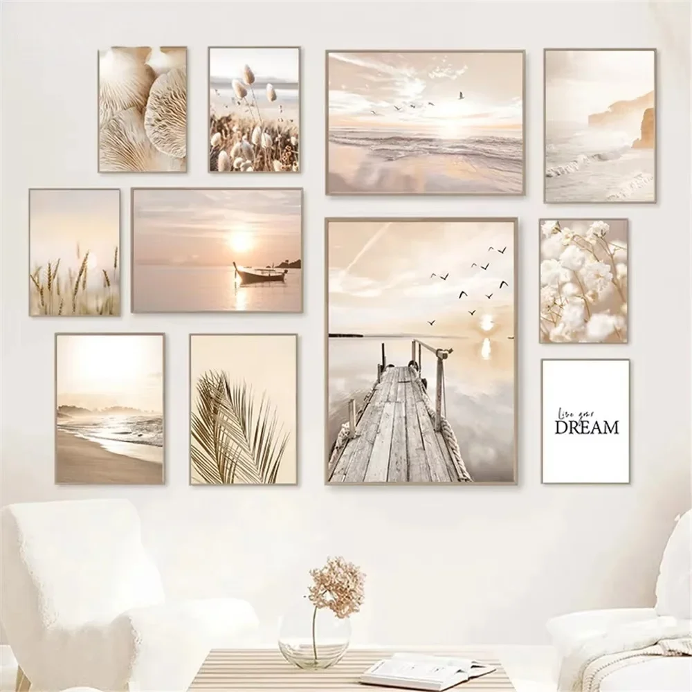 Sunset Sea Lake Boat Bridge Canvas Painting Seagull Beach Poster Beige Leaf Reed Wall Art Print Nordic Wall Pictures Home Dec