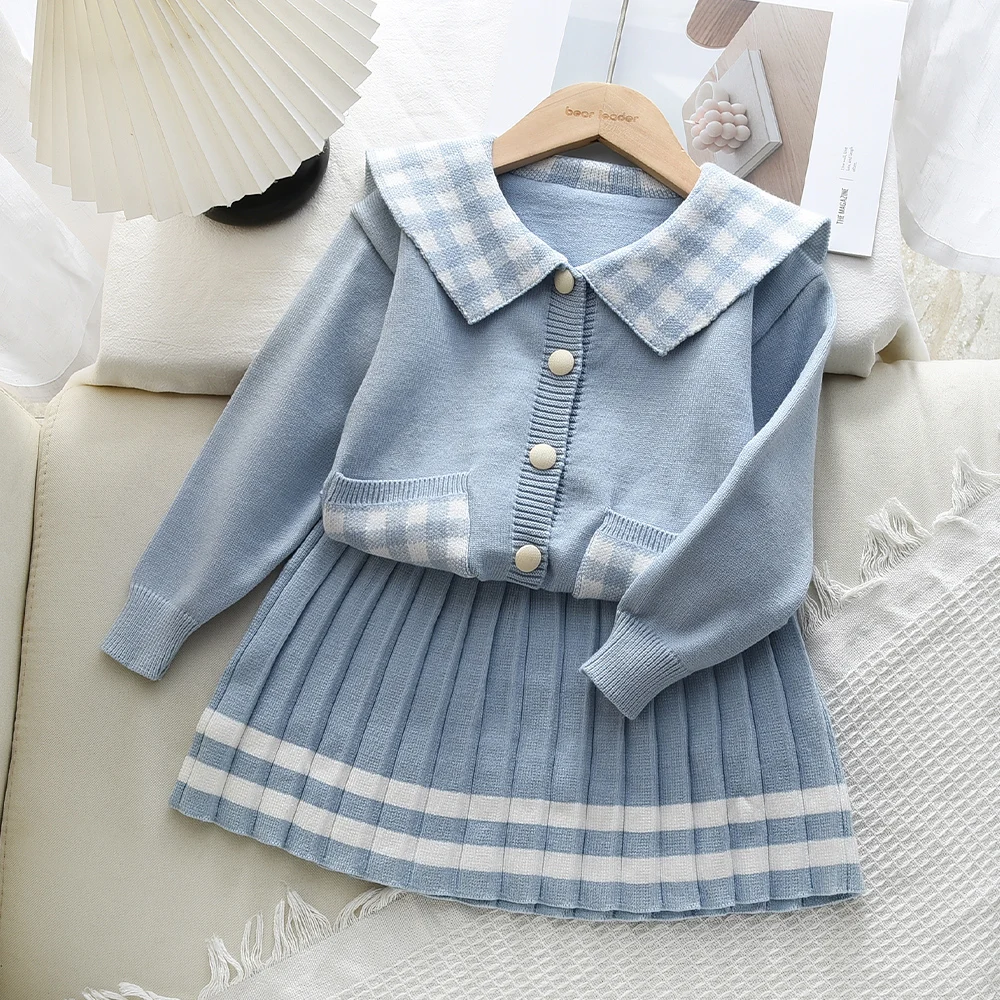 Korean Version Cute Casual Autumn New  Lapel Plaid Cardigan+pleated Skirt Two-piece Knitted Suit for Girls