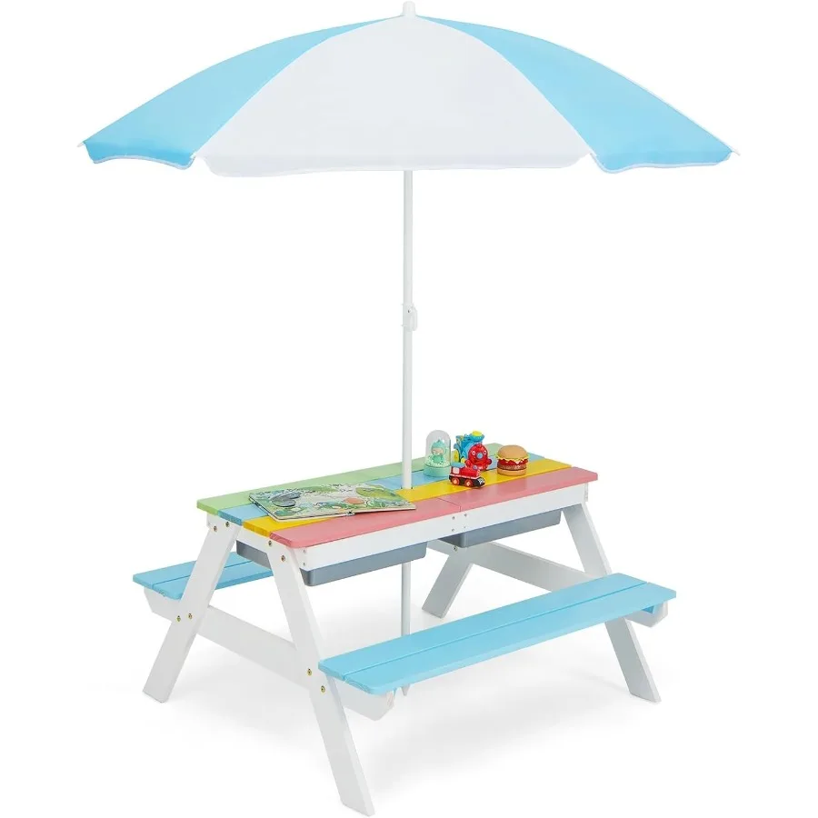Mesa de picnic Mesa de picnic para niños pequeños 3 en 1 con paraguas de altura ajustable Mesa para exteriores con mesa desmontable y juego extraíble B