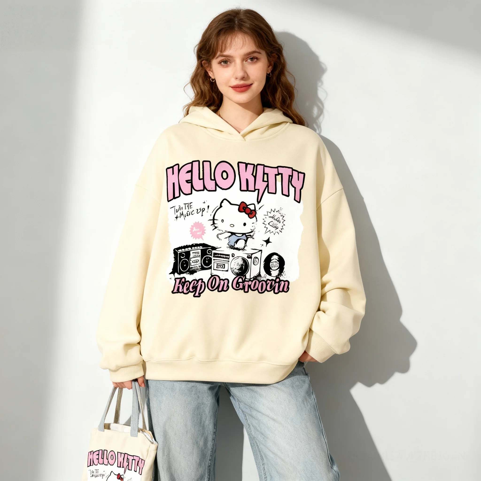 25/26 سلسلة عائلة سانريو الجديدة مرحبا كيتي الحلو كول العصرية الشارع الخريف/الشتاء هوديي حجم كبير المرأة الكبار