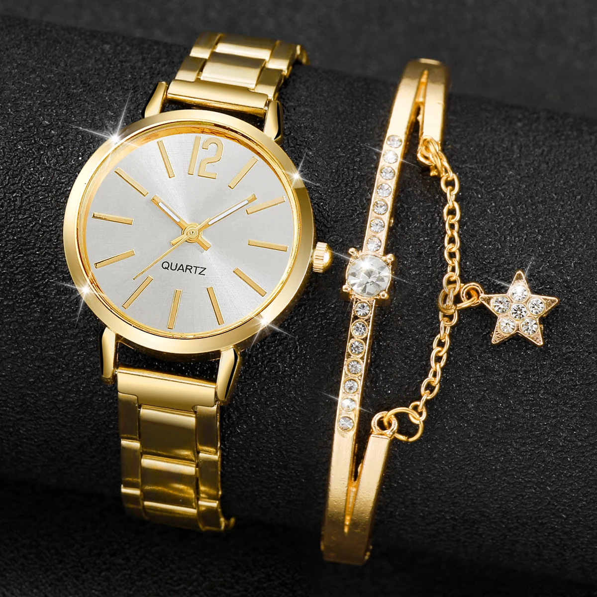 Элегантный женский комплект часов из 2 предметов, роскошный сверкающий изысканный браслет с простыми повседневными кварцевыми стальными полосками, лучший подарок для девочки