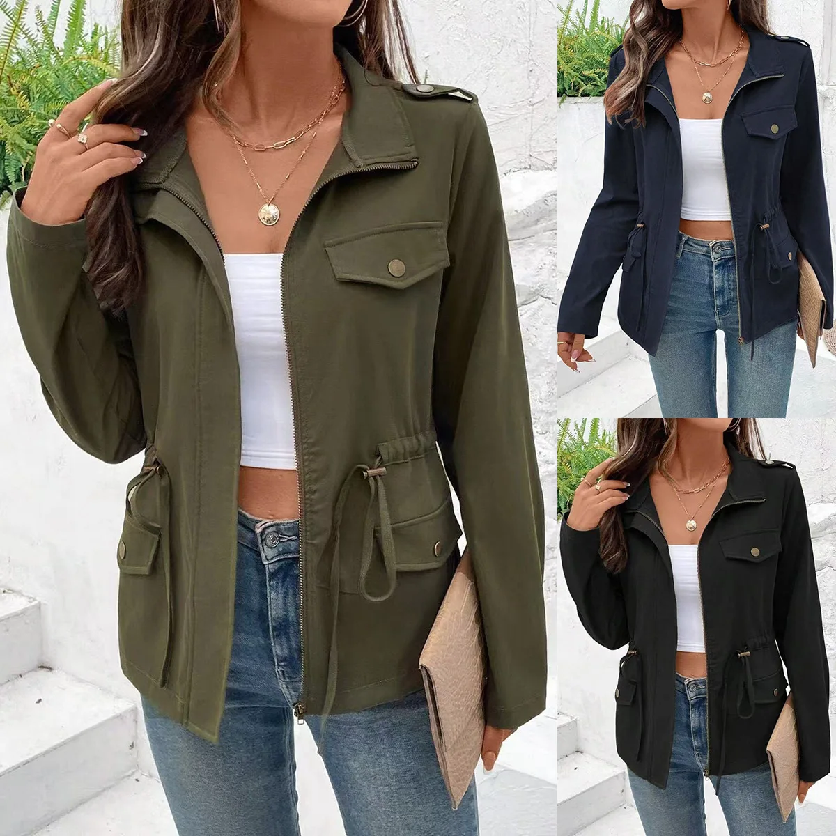

2026 Amazon Aliexpress Autumn Winter New Solid Color Long Sleeve Casual Drawstring Waist Jacket For Women