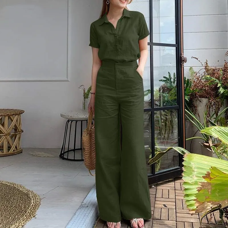 2024 Fashion Women\'s Two Piece Sets Summer Solid Lappel Short Sleeve Button Shirt And Loose Cotton Hemp Wide Leg Trouser Sets