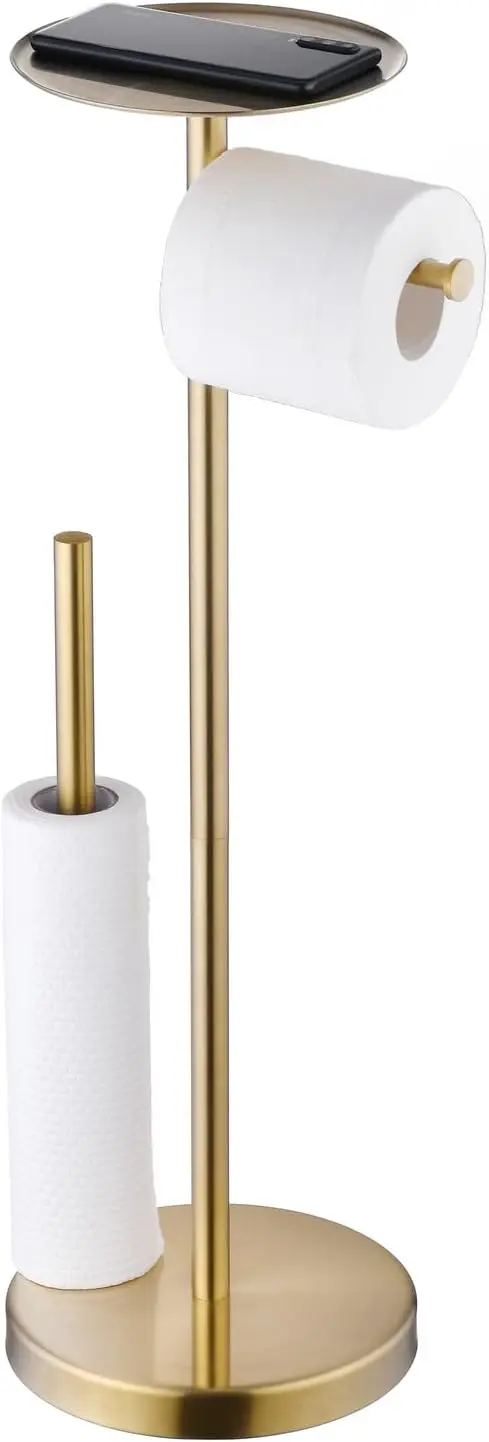 

Free Standing Toilet Paper Roll Holder with Storage Reserve, Brushed Gold Toilet Paper Holder Stand with Shelf, Bathroom Tissue