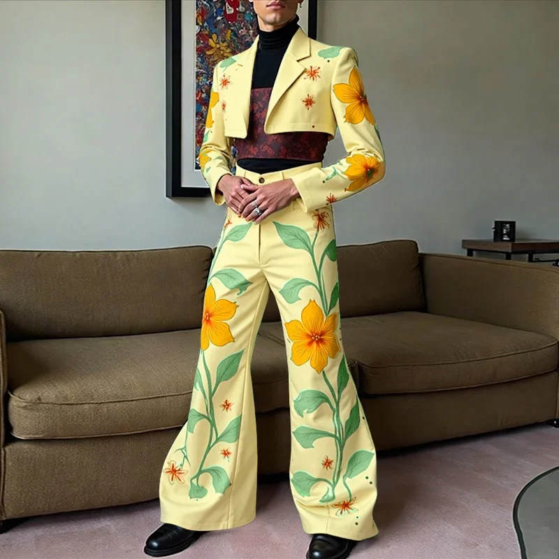 INCERUN Men Sets Printing Lapel Long Sleeve Crop Blazer & Wide Leg Pants 2PCS Streetwear Personality Fashion Men's Casual Suits