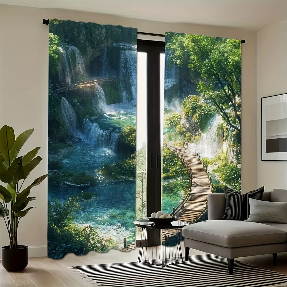 2pcs Contemporary Forest Stream Scenery Light-Filtering Curtain Panels, 100% Polyester Sheer Roller Blinds, Hand Wash Only, Rod