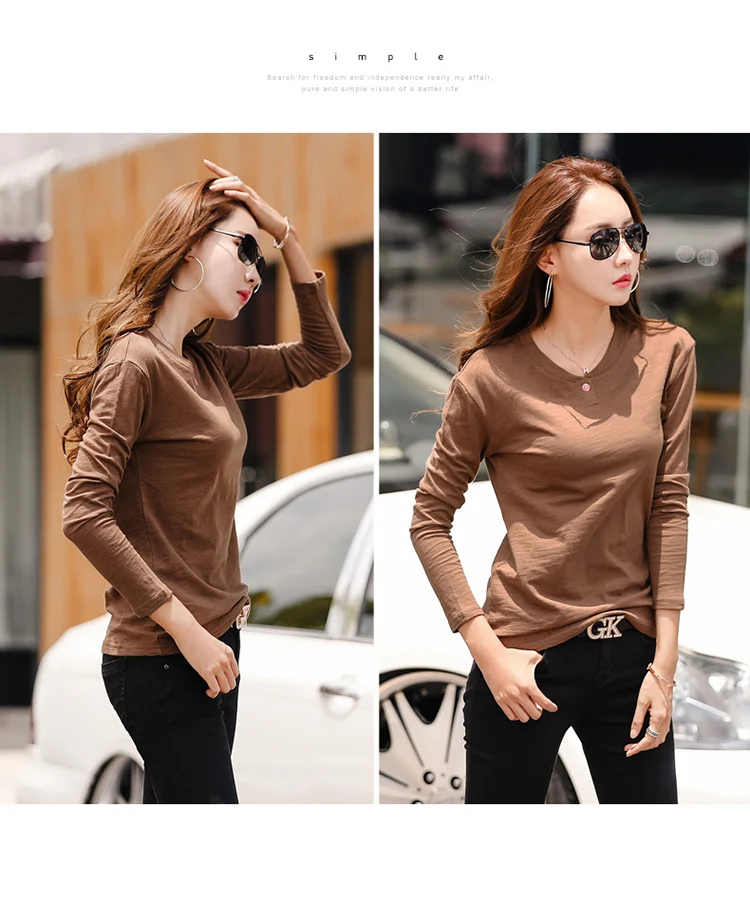 2026 Langarm Frühling Damen Slub-Baumwoll-T-Shirts mit Knöpfen, grüner V-Ausschnitt, einfarbiges T-Shirt, kaffeefarben, koreanische weiche, lockere Oberteile – Detail 12