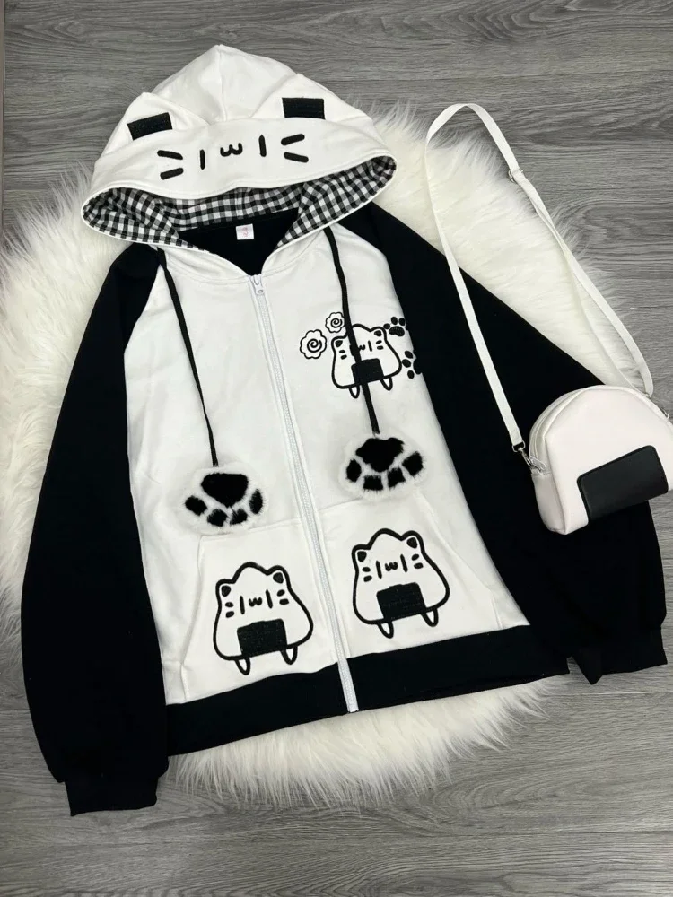 Cartoon Embroidery Cat Ears Hoodies Women Y2k Aesthetic Contrast Color Kawaii Coats Streetwear Cute Drawstring Casual Sweatshirt