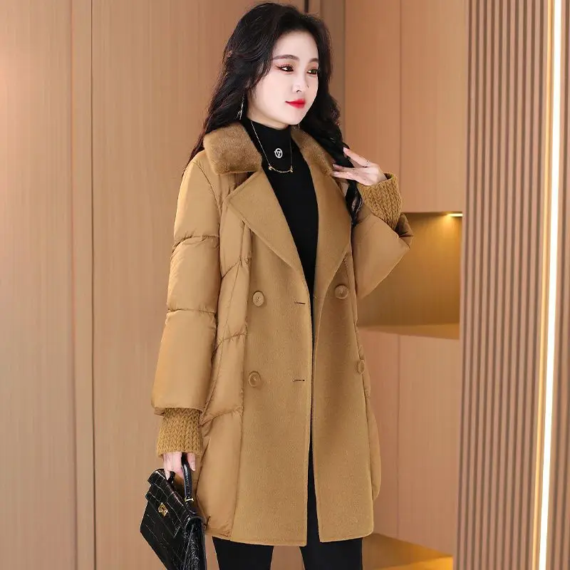 Winter New Down Coat Women Mid Length White Duck Down Suit Collar Plush Collar Fashion Solid Color Warm Coat Parkas